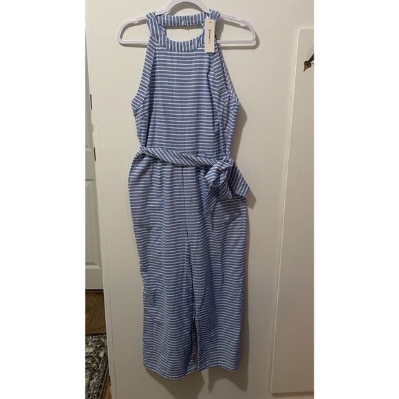 OC Order Plus Linen‎ Jumpsuit Wide Leg Pantsuit Romper Blue Striped Beach Boho L - Picture 1 of 16